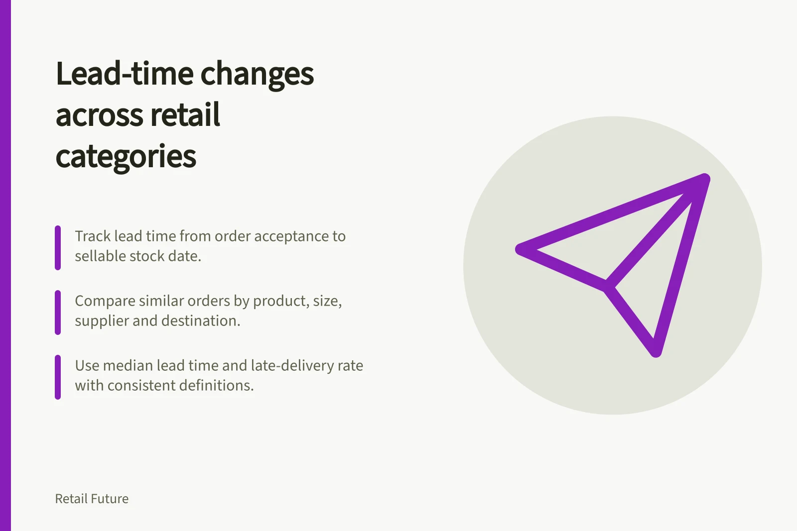 Lead-time changes across retail categories: Track lead time from order acceptance to sellable stock date.; Compare similar orders by product, size, supplier and destination.; Use median lead time and late-delivery rate with consistent definitions.