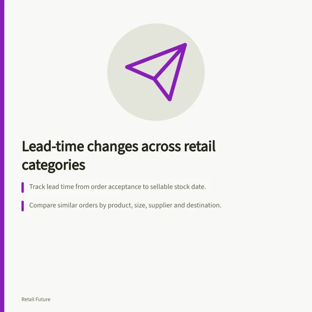 Lead-time changes across retail categories: Track lead time from order acceptance to sellable stock date.; Compare similar orders by product, size, supplier and destination.; Use median lead time and late-delivery rate with consistent definitions. Analysing lead-time changes across retail categories