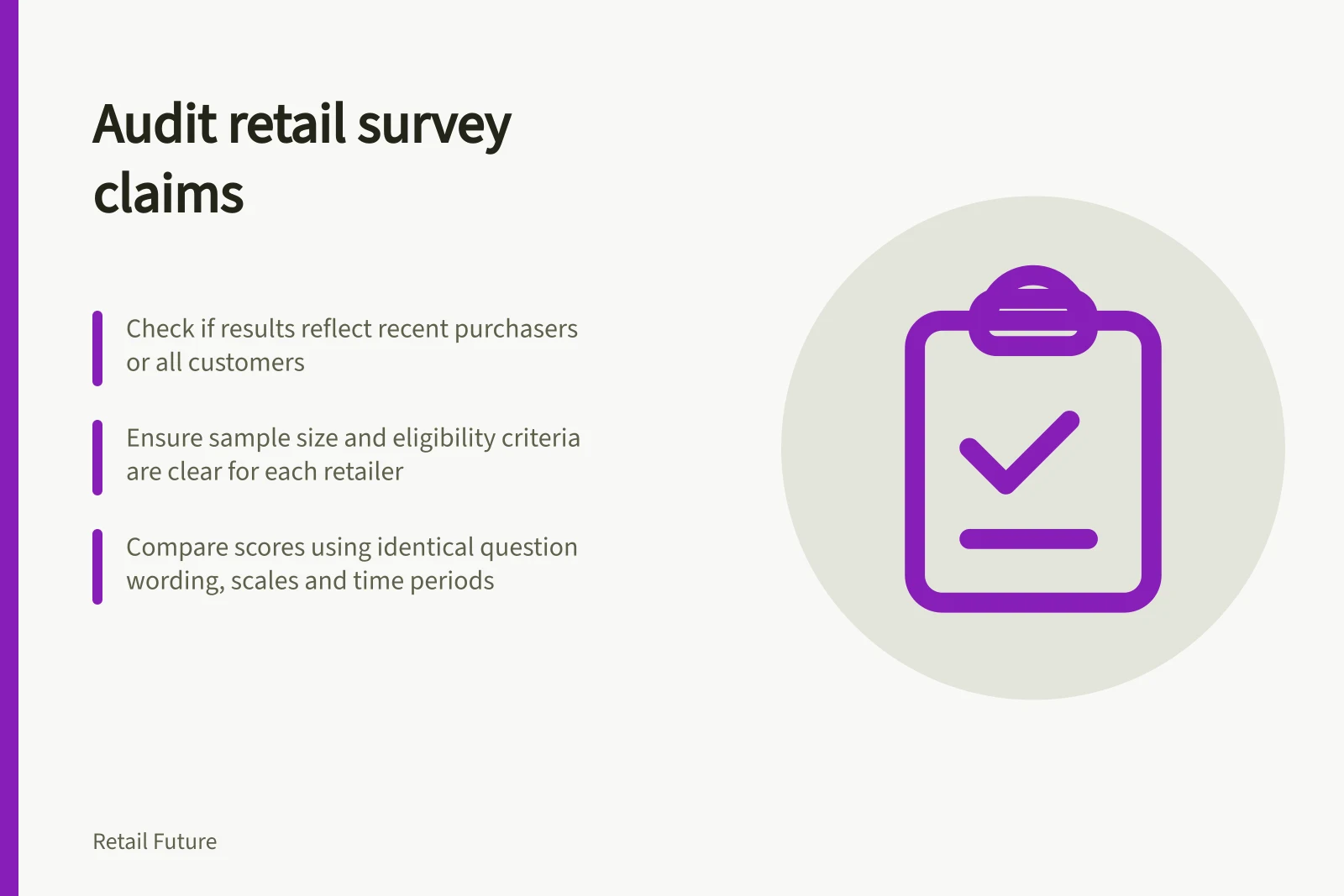 Audit retail survey claims: Check if results reflect recent purchasers or all customers; Ensure sample size and eligibility criteria are clear for each retailer; Compare scores using identical question wording, scales and time periods