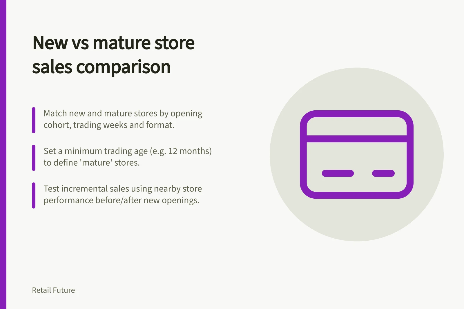 New vs mature store sales comparison: Match new and mature stores by opening cohort, trading weeks and format.; Set a minimum trading age (e.g. 12 months) to define 'mature' stores.; Test incremental sales using nearby store performance before/after new openings.