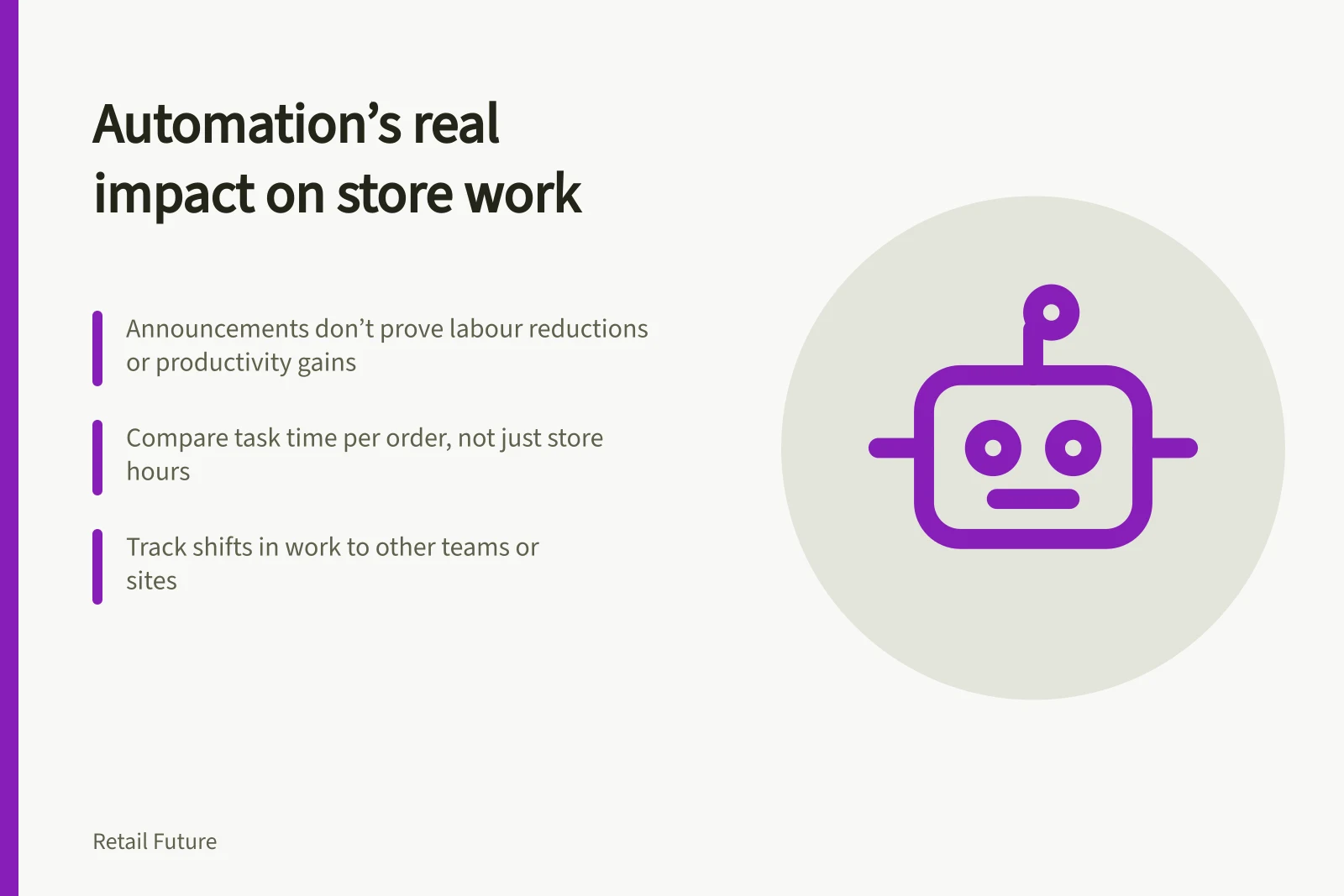 Automation’s real impact on store work: Announcements don’t prove labour reductions or productivity gains; Compare task time per order, not just store hours; Track shifts in work to other teams or sites