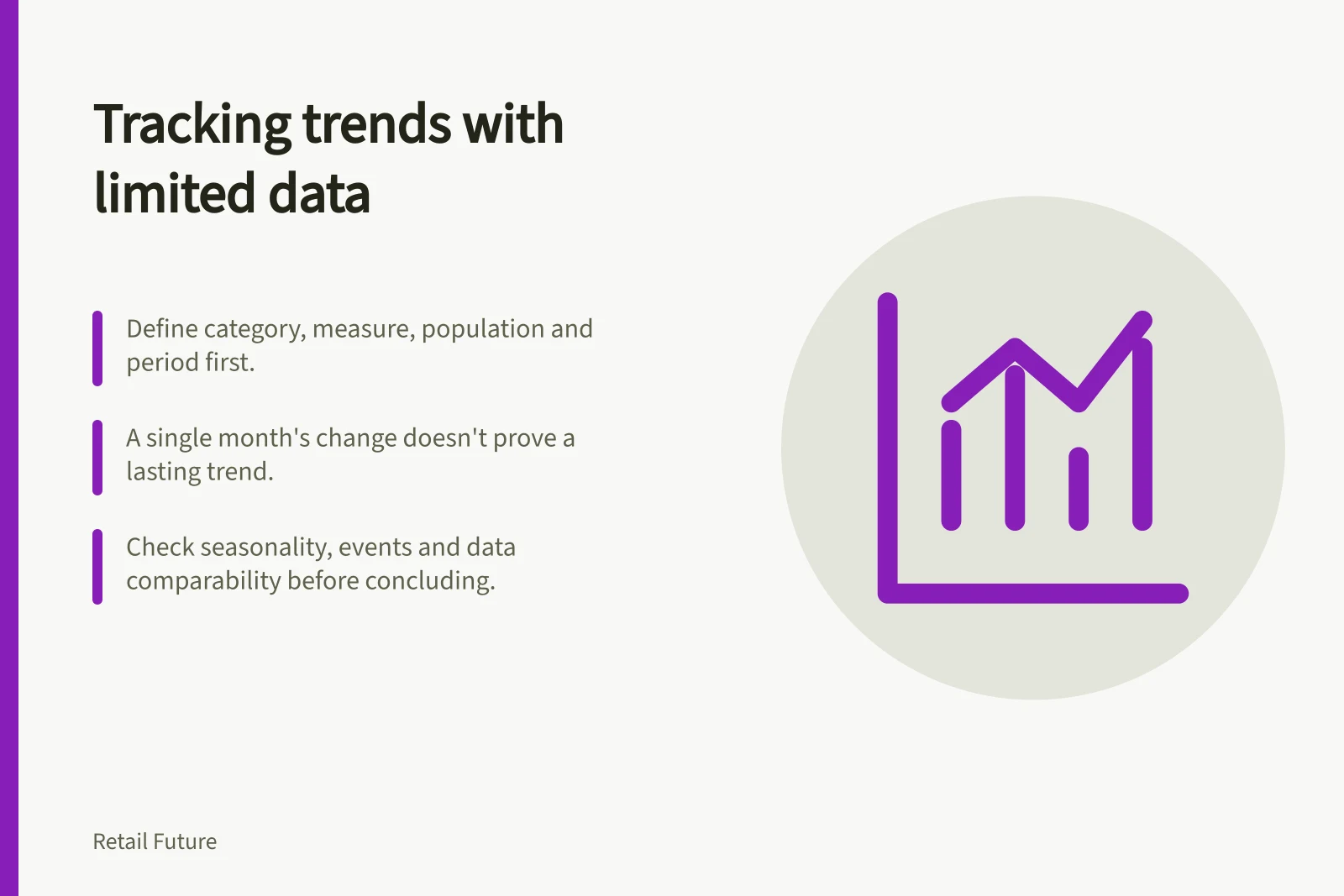 Tracking trends with limited data: Define category, measure, population and period first.; A single month's change doesn't prove a lasting trend.; Check seasonality, events and data comparability before concluding.