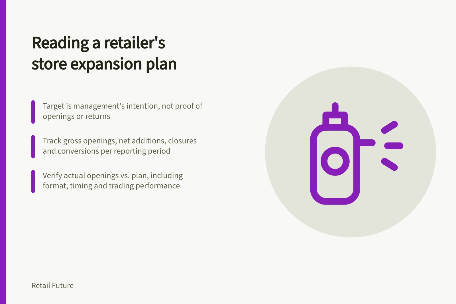 Reading a retailer's store expansion plan: Target is management's intention, not proof of openings or returns; Track gross openings, net additions, closures and conversions per reporting period; Verify actual openings vs. plan, including format, timing and trading performance