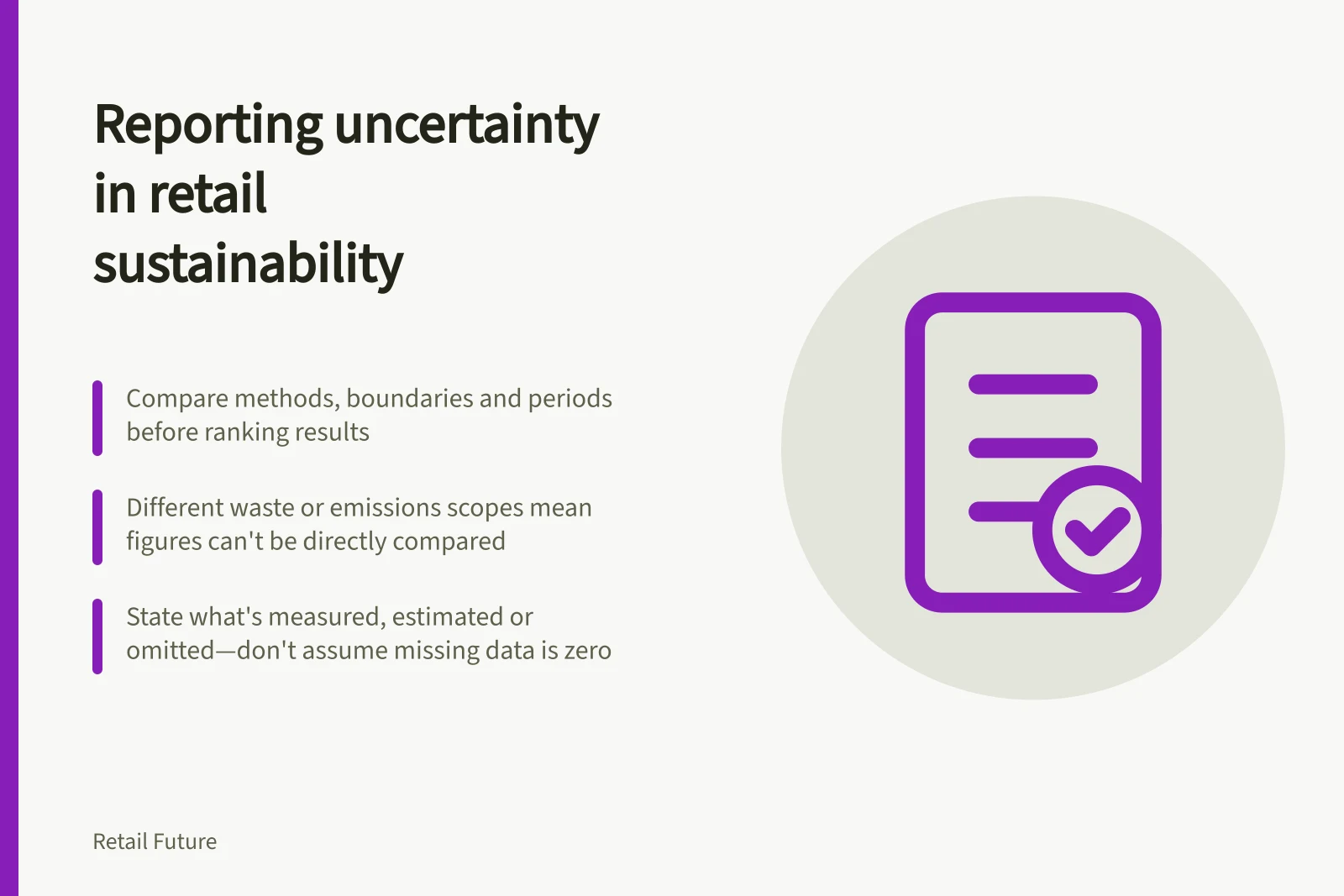 Reporting uncertainty in retail sustainability: Compare methods, boundaries and periods before ranking results; Different waste or emissions scopes mean figures can't be directly compared; State what's measured, estimated or omitted—don't assume missing data is zero