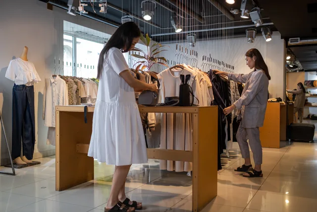 Two women browsing clothes in a modern indoor fashion store. Retail business economics