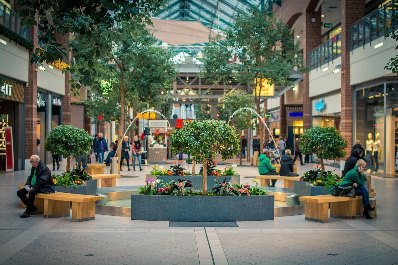 shopping mall, square, mall, center, spring, tree, water, green, market, commerce, nature, architecture, modern, luxury
