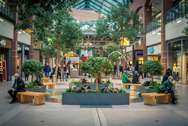 shopping mall, square, mall, center, spring, tree, water, green, market, commerce, nature, architecture, modern, luxury. Retail location and catchment research